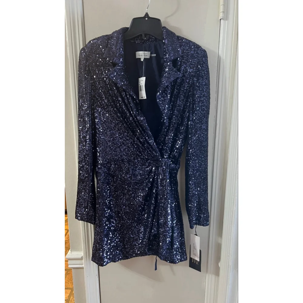 NWT $595 Rickie Freeman for Teri Jon Blue Sequin Wrap Dress Blazer SZ 12 - Picture 5 of 8